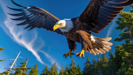 Obraz premium Majestic Bald Eagle Gliding Through Clear Blue Sky Over Lush Green Forest During Daytime Adventure in Nature