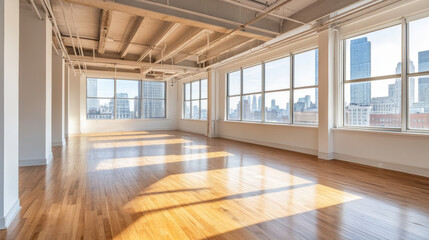 Naklejka premium Empty office with large panoramic windows and urban view seen through glass. Modern open space premises, studio apartment, corridor or hall. Real estate rental in big city. Cartoon vector illustration