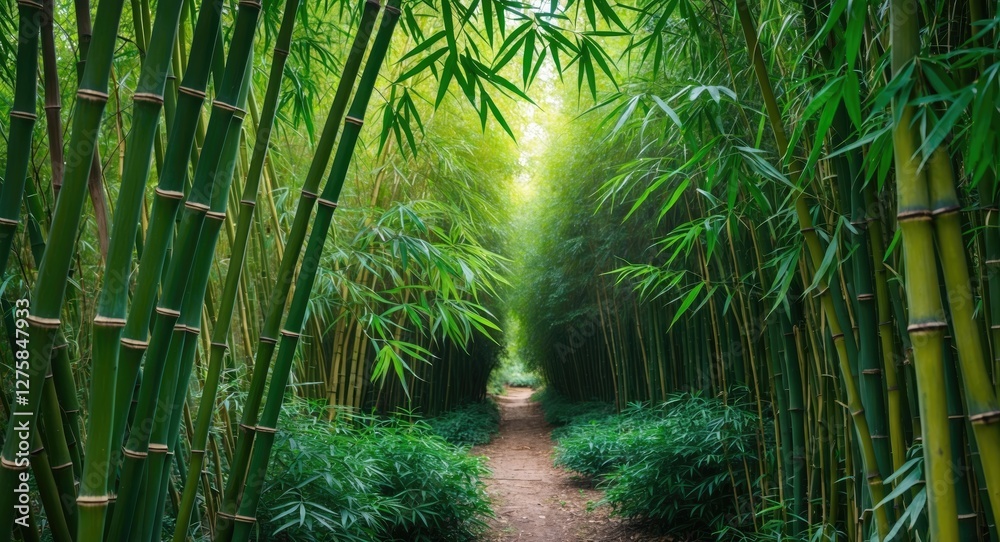 Wall mural Bamboo Forest Pathway with Lush Green Foliage and Natural Light Ideal for Text Overlay or Nature Background Usage