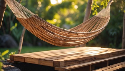 Fototapeta premium Bamboo Hammock Relaxing On A Natural Wooden Deck In A Lush Tropical Garden Setting