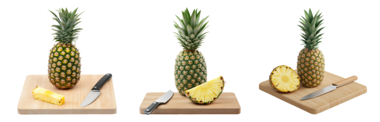 Fresh Pineapple on Cutting Board with Kitchen Knife Isolated on transparent background