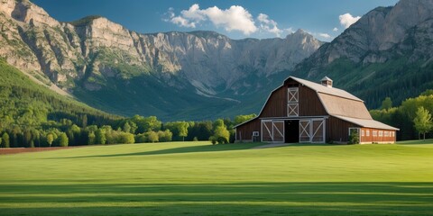 Scenic Barn Landscape with Majestic Mountains in Background and Expansive Green Lawn Ideal for Text Overlay