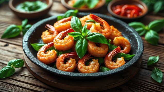 Delicious Shrimp Stir-Fry with Fresh Basil on Rustic Wooden Table Featuring Empty Space for Text or Branding