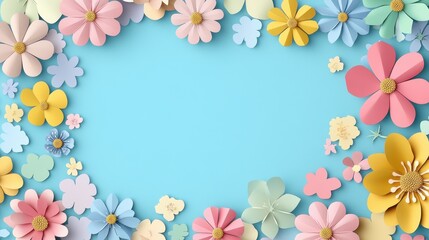 Fototapeta premium A vibrant arrangement of colorful paper flowers in various shapes framing a soft blue background, creating a cheerful and whimsical atmosphere.