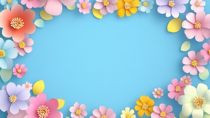 A vibrant arrangement of multicolored paper flowers and leaves encircles a serene blue background, creating a cheerful and inviting atmosphere.