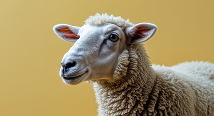 Sheep on plain yellow background side view portrait
