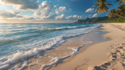 Serene tropical beach with gentle waves and palm trees under a vibrant sky showcasing coastal beauty and tranquility.
