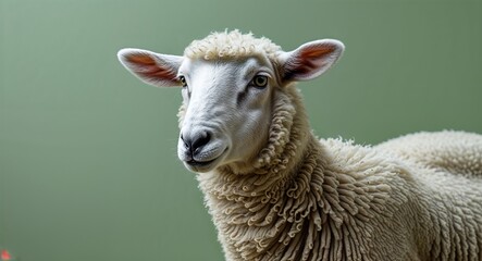 Fototapeta premium Sheep on plain green background side view portrait