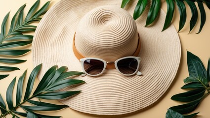Tropical Summer Vibes Featuring A Stylish Sun Hat And Sunglasses Surrounded By Lush Green Leaves On A Soft Yellow Background