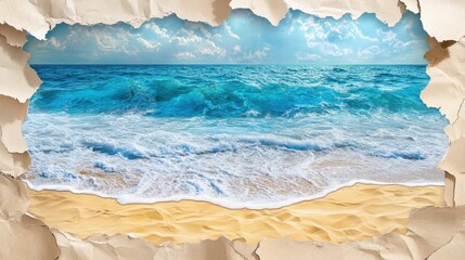 Obraz premium A stunning view of a turquoise ocean and sandy beach, framed by torn paper, depicting a serene and inviting atmosphere.
