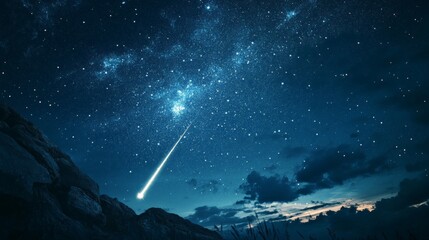 Fototapeta premium Bright shooting star streaking across the night sky, illuminating the darkness, symbolizing wishes and dreams.