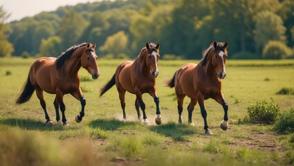 Three Horses Galloping Playfully Across Green Pasture Under Sunny Sky With Space For Text Overlay
