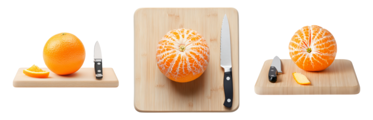 Fresh Orange on Cutting Board with Knife and Segments Isolated on transparent background