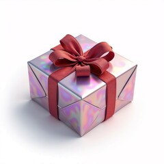 Obraz premium A square gift box wrapped in iridescent holographic paper with a red satin ribbon bow, placed on a clean white surface for contrast.
