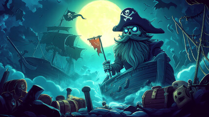 Obraz premium Ghost ship posters with pirate, treasure chest and black jolly roger flag at night. Vector cartoon banners with spirit of dead captain with hook, wooden leg and beard on boat deck in moonlight