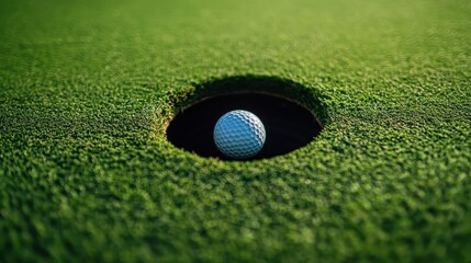 A close-up of a golf ball resting in the hole on a lush green putting green, capturing the excitement of a successful putt.