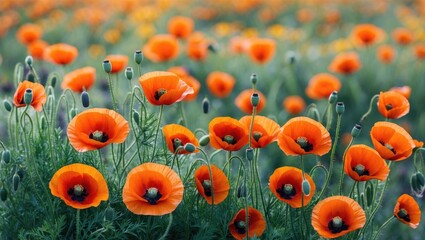 Obraz premium Vibrant Field of Orange Poppy Flowers with Soft Focus and Space for Text or Graphic Overlay