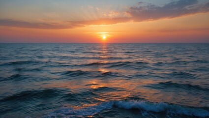 Naklejka premium Tranquil Sunset Over the Ocean With Gentle Waves and Warm Color Palette Illuminating the Sky and Water Surface