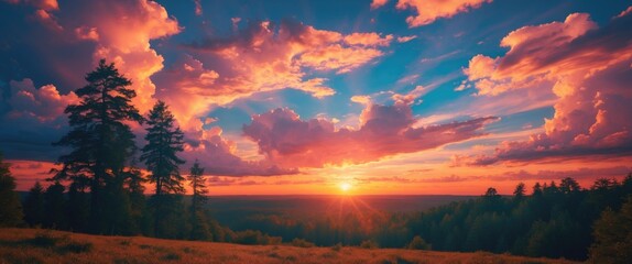 Obraz premium Vibrant Sunset Over a Forest with Dramatic Clouds and Radiant Sky Colors in a Serene Landscape Setting
