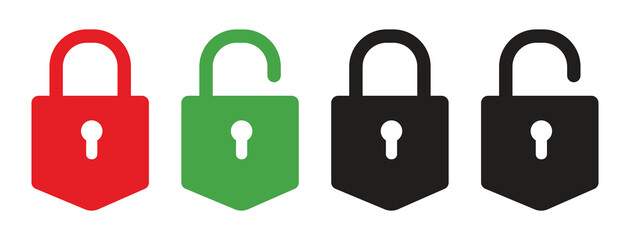 Collection of lock and unlock vector icons. 
Cyberspace security and protection symbols in silhouette style in black, red and green for apps, mobile and websites. Vector illustration