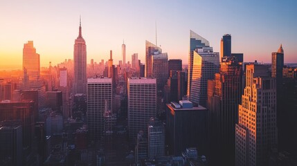 Fototapeta premium City skyline at sunset, with skyscrapers glowing in warm tones as the last rays of sunlight touch their glass windows.
