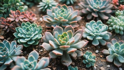 Fototapeta premium Vibrant Echeveria Succulents in Varied Colors with Text Space on Soil Background Ideal for Nature and Gardening Themes