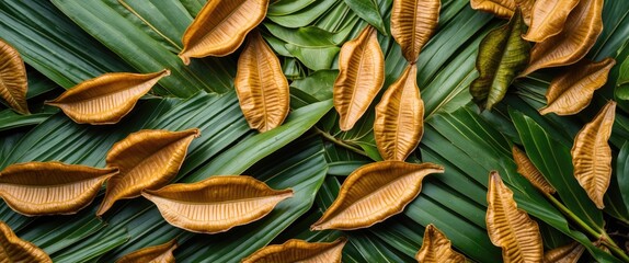 Obraz premium Natural Arrangement of Dry Tamarind Pods and Green Leaves as Textured Background