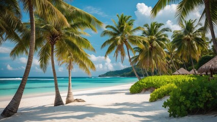 Fototapeta premium Tropical Beach Paradise with White Sand and Coconut Palms Under Clear Blue Sky Scenic Landscape for Travel and Relaxation Themes