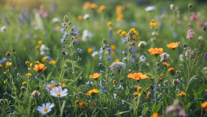 Obraz premium Vibrant Wildflower Meadow in Summer Sunlight Showcasing Diverse Floral Beauty and Lush Greenery in Nature's Splendor