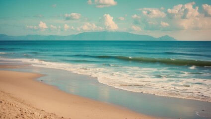 Serene Beach Landscape with Gentle Waves and Clear Blue Skies Ideal for Relaxation and Text Placement