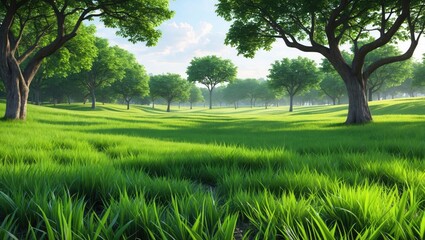 Fototapeta premium Lush Green Landscape with Vibrant Grass and Trees Under Clear Blue Sky in a Serene Outdoor Setting