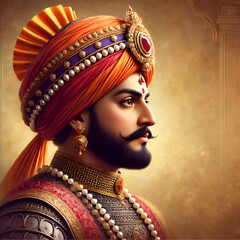Chhatrapati Shivaji Maharaj portrait, Majestic warrior king of India, Historical Maratha ruler in royal attire, Brave Indian warrior with turban, Regal Shivaji Maharaj in traditional dress.