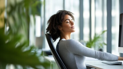Shoulder stretch in a tranquil office space with a clean desk. Featuring clarity and mindfulness
