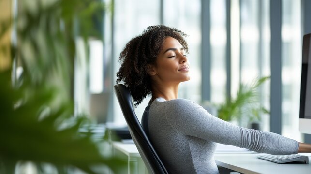 Shoulder stretch in a tranquil office space with a clean desk. Featuring clarity and mindfulness