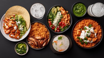 table with Mexican food, margaritas, and sombreros in a festive setting