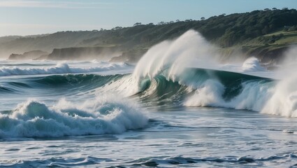 Fototapeta premium Ocean Waves Crashing Against Shoreline With Misty Background and Lush Green Hills Under Clear Blue Sky