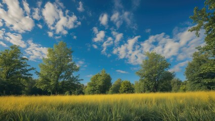 Fototapeta premium Lush Green Trees Against a Bright Blue Sky with Fluffy Clouds and Vibrant Yellow Grass Landscape in a Tranquil Natural Setting
