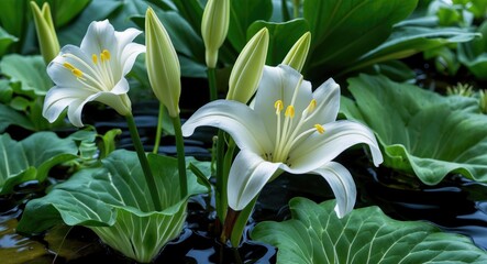 Fototapeta premium Elegant white flowers of Tradescantia with lush green foliage, set against a serene water background, capturing nature's tranquility.