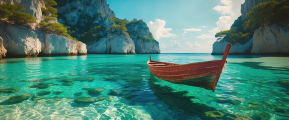 Serene Red Boat Anchored in Crystal Clear Turquoise Waters Surrounded by Lush Cliffs and Scenic Natural Beauty.