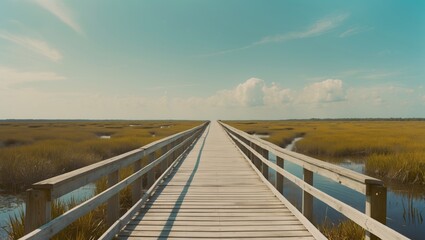 Serene Boardwalk Hiking Path Through Marshland with Lush Greenery and Clear Blue Sky for Nature and Outdoor Enthusiasts
