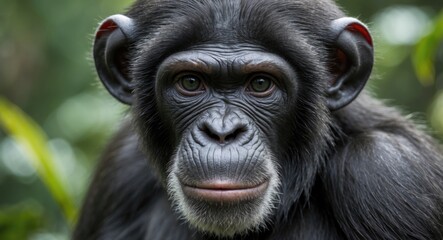 Obraz premium Bonobo Close-Up Portrait Capturing Intense Expression and Unique Features of Pygmy Chimpanzee in Natural Habitat