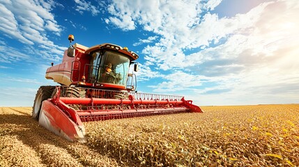 Fototapeta premium Harvesting Wheat Field, Agricultural Machinery, Sunny Day