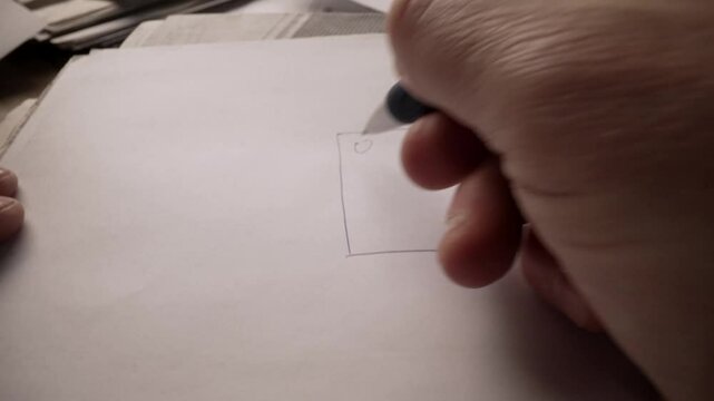 Hands drawing a simple wireframe of a website or app, adding details like buttons or icons, on a white sheet of paper