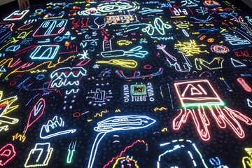 Obraz premium Colorful Neon Light Patterns on Dark Background with Creative Designs