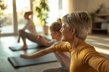 Shoulder stretch incorporated in a family fitness session at home. Featuring togetherness and health