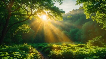 Serene Forest Landscape with Sunlight Beaming Through Trees Creating a Peaceful Atmosphere for Nature Lovers and Travelers