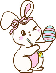 Cute Easter Bunny Paint Egg Cartoon Hand Drawn