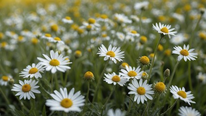 Fototapeta premium Chamomile Flowers Blooming in Scenic Meadow Natural Background Closeup