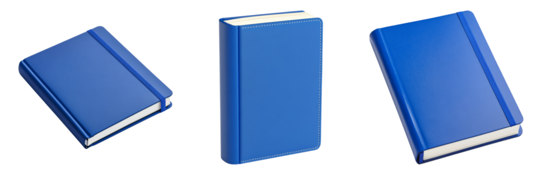Three Blue Notebooks with Varying Sizes and Styles Isolated on transparent background