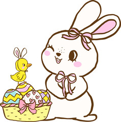 Cute White Bunny and Chick with Basket Easter Eggs Cartoon Hand Drawn